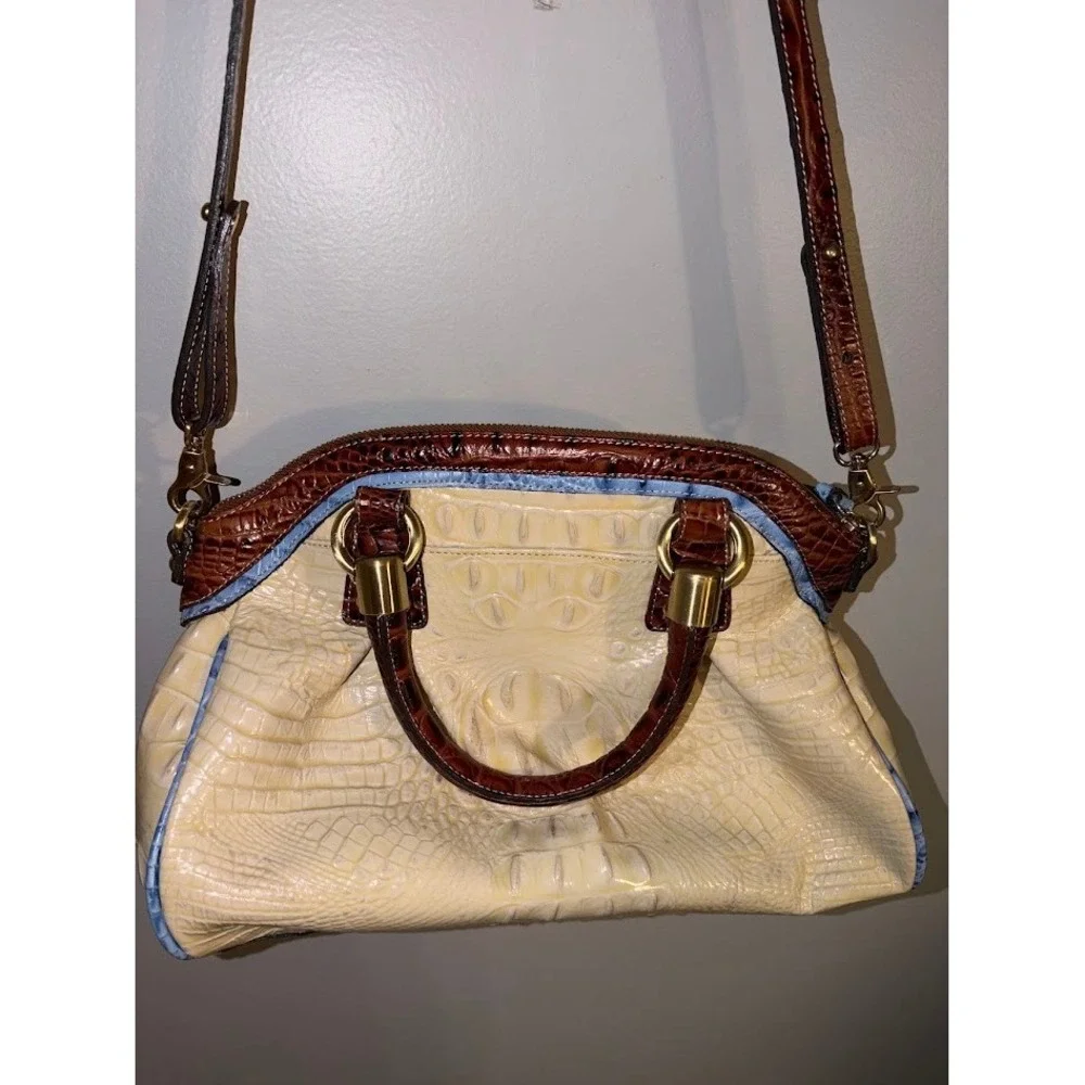 Brahmin Tri-Color Croc Embossed Leather Satchel Crossbody Bag Cream Brown Blue